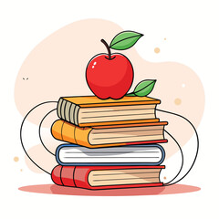 A whimsical cartoon depiction of an apple resting atop a stack of colorful books creating a vibrant and educational themed illustration