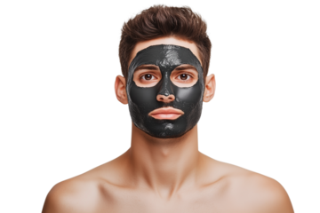 Young man with black facial mask looking at camera on white background