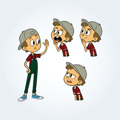 a character illustration of a boy with different facial expressions, wearing a grey cap