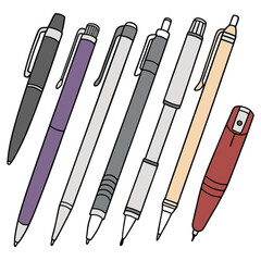 Assorted Collection of Pens and a Mechanical Pencil Sharpener Arranged Neatly on a White Background