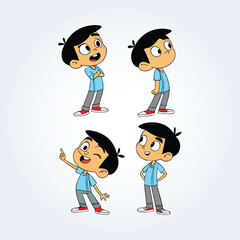 a character illustration of a boy with different facial expressions and boyish