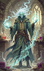 Fantasy Hero Monster Poltergeist Alchemist Mischievous Malevolent Spirit Haunting Laboratory Eerie Phenomena Ghostly Presence Surreal Magical Elements Enigmatic Occurrences Paranormal Activity Scary C