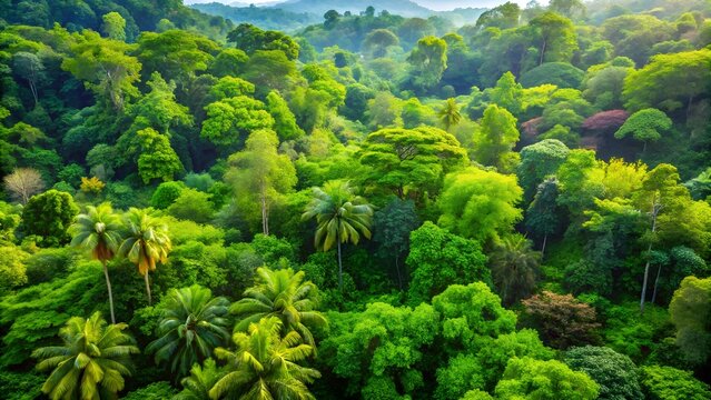 An aerial view captures the dense lush green canopy of a vibrant tropical rainforest stretching across rolling hills under soft sunlight