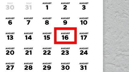 The date August 16th marked with a red cursor on the wall calendar 2025