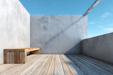 Minimalist outdoor patio design with blue sky, wooden bench and flooring in sunlight