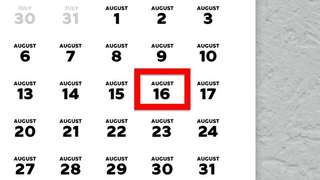 The date August 16th marked with a red cursor on the wall calendar 2025
