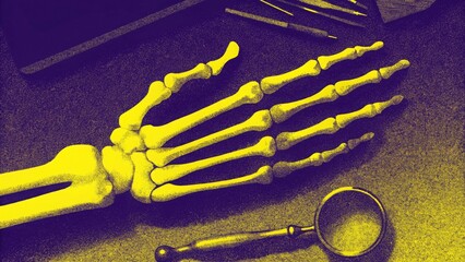 A yellow skeleton hand lying next to a magnifying glass evokes forensic science and mystery with
