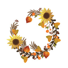 Vector wreath made of autumn leaves. Seasonal background or fall backdrop. Thanksgiving leaf ornament or fall front door decoration. Harvest holiday botanical decor. Plant foliage for forest or wood.