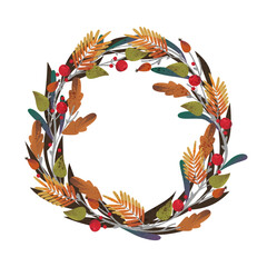 Autumn wreath background. Vector fall leaves ornament or thanksgiving decoration for front door. Nature and botanical decor for garden or harvest holiday. Plant or flora seasonal foliage. Biology.