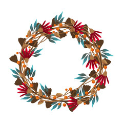 Fall or autumn leaves wreath for nature background. Vector seasonal foliage or decoration for thanksgiving holiday, front door decor. Wood flora or forest plant berry harvest. Biology and botany.