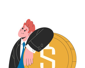 Financial support or money wealth sign. Vector man and currency or dollar coin. Fortune help and investment success, profit and income goal. Bank element. Earning help and cash savings, business