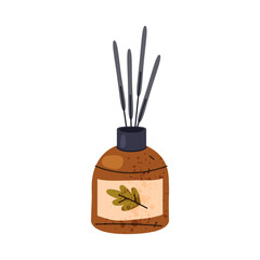 Vector incense sticks in jar with autumn leaf fragrance. Icon of aromatic home decor or fall ornament, seasonal atmosphere and relaxation. Scent for spa and calming smoke. Container for aromatherapy.