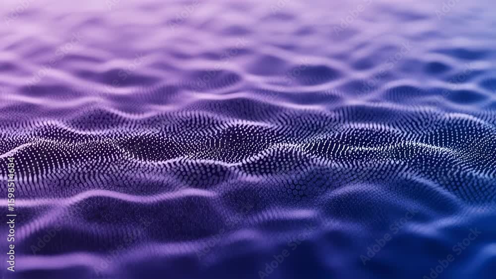Poster futuristic science and technology theme featuring smooth particle waves in soft purple and deep blue