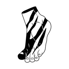 Human foot with zebra pattern. Vector surreal leg covered in black and white animal stripes. Feet symbol with wild camouflage decoration. Creative body part with skin print or tribal texture. Anatomy.