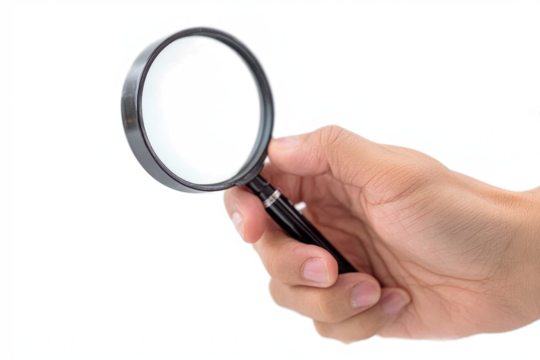 Hand Holding Magnifier Over Transparent Background, Mockup Image