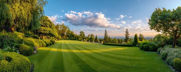 Fototapeta premium Manicured Grass Yard with Clean Lines in Front of Modern Home, Ideal for Landscape Design Promotion
