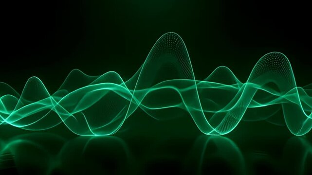Imagine a dark, moody green screen where luminescent lines flicker and dart, intertwining like electric currents, collectively forming a rippling wall of noise hazy abstract soundwave