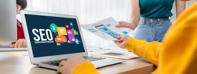 SEO search engine optimization for brisk e-commerce and online retail business showing on computer...