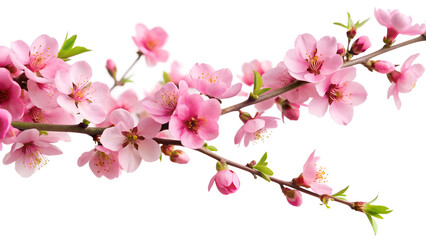 Fototapeta premium A long winding branch of delicate pink cherry blossoms with small green leaves is set against a pure transparent background symbolizing springs arrival
