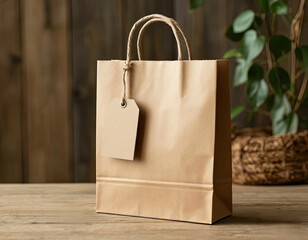Kraft paper bag with handles on wooden table with potted flower in background