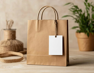 Kraft paper bag with handles on wooden table with potted flower in background