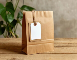 Kraft paper bag on wooden table with potted flower in background