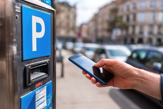 Person using phone at parking meter