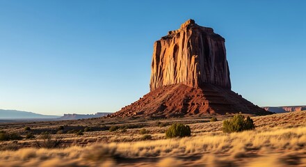 Monument valley butte bathed in golden sunrise light