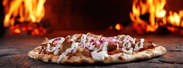 kebab pizza with mild white sauce inside of a brick oven  . aspect ratio 8:3
