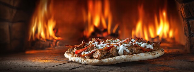 kebab pizza with mild white sauce inside of a brick oven  . aspect ratio 8:3