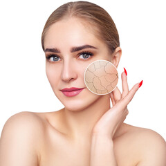 Young woman with zoom circle shows dry facial skin before moistening.