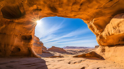 Stunning natural rock arch formation framing a vast desert landscape with bright sun rays and a clear blue sky, ideal for travel and adventure themes