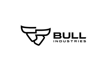 Modern geometric bull head logo concept. An abstract line art symbol representing strength and power for a corporate business or industrial brand identity.
