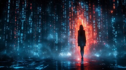 Synthwave skyscrapers folding inward through pixel recursion, glowing magenta blue fault lines erupt from data rifts
