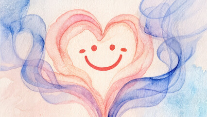 A watercolor image of a heart with a smile, symbolizing love and joy