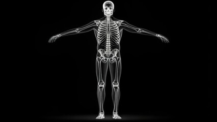 An eerie x ray of a human skeleton extending its arms showcasing anatomy with skeletal detail on