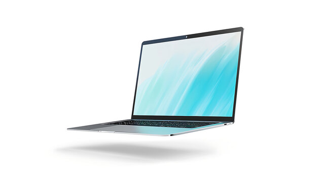 A modern laptop floating in a white space with a blue and white abstract design on the screen display - Powered by Adobe