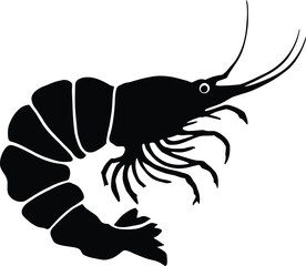 A black and white silhouette of a shrimp with long antennae and segmented body on a white background