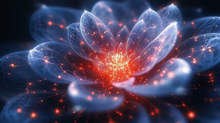 Technobiological bloom, cyberflora petals glowing with electric pulse, organic geometry in fractal arrangement