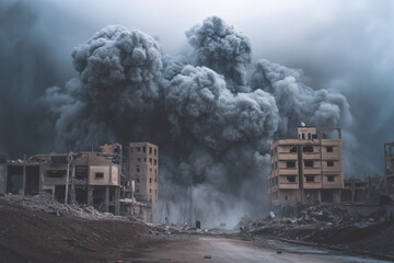 A city is destroyed by a bomb, with smoke and ash filling the sky