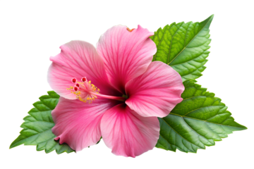A vibrant pink hibiscus flower with large delicate petals and a prominent stamen is surrounded by lush green leaves against a transparent background