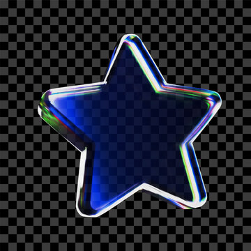 3D glass star icon with refraction and holographic effect isolated on dark background. Neon transparent glass star with overlay dispersion light, rainbow gradient. 3d vector morphism.