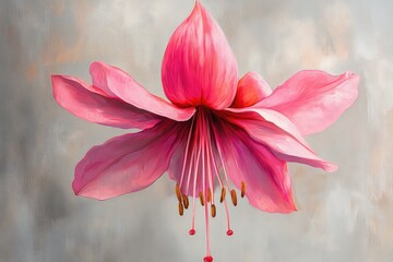 A close-up of a fuchsia flower on a light gray background