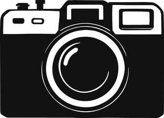 A black and white graphic illustration of a camera with a large lens and flash mount on top