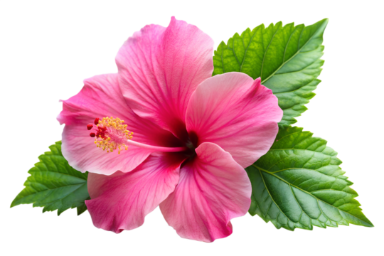 A vibrant pink hibiscus flower with large delicate petals and a prominent stamen is surrounded by lush green leaves against a transparent background