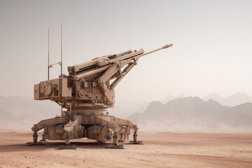 A large military tank is sitting in the desert