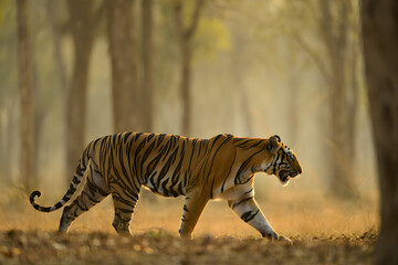 Fototapeta premium Majestic Tiger in the Wilderness: A solitary tiger strides through a sun-dappled forest, embodying raw power and grace in its natural habitat, surrounded by the serene ambiance of the wilderness.