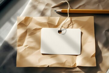Blank Tag on Crumpled Paper with Pencil Creative Mockup