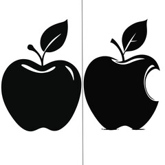 Two apple icons in black and white one whole and one with a bite taken out of it on a white background