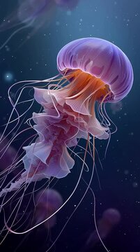 Floating jellyfish-like digital creature with glowing colors and fluid motion. Ideal for sci-fi, AI art, futuristic visuals, and abstract tech-themed projects.